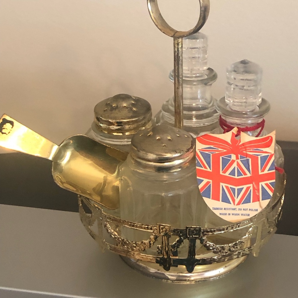 Gold Tone Metal Glass Condiment Set By Haruck in England - Haraplate